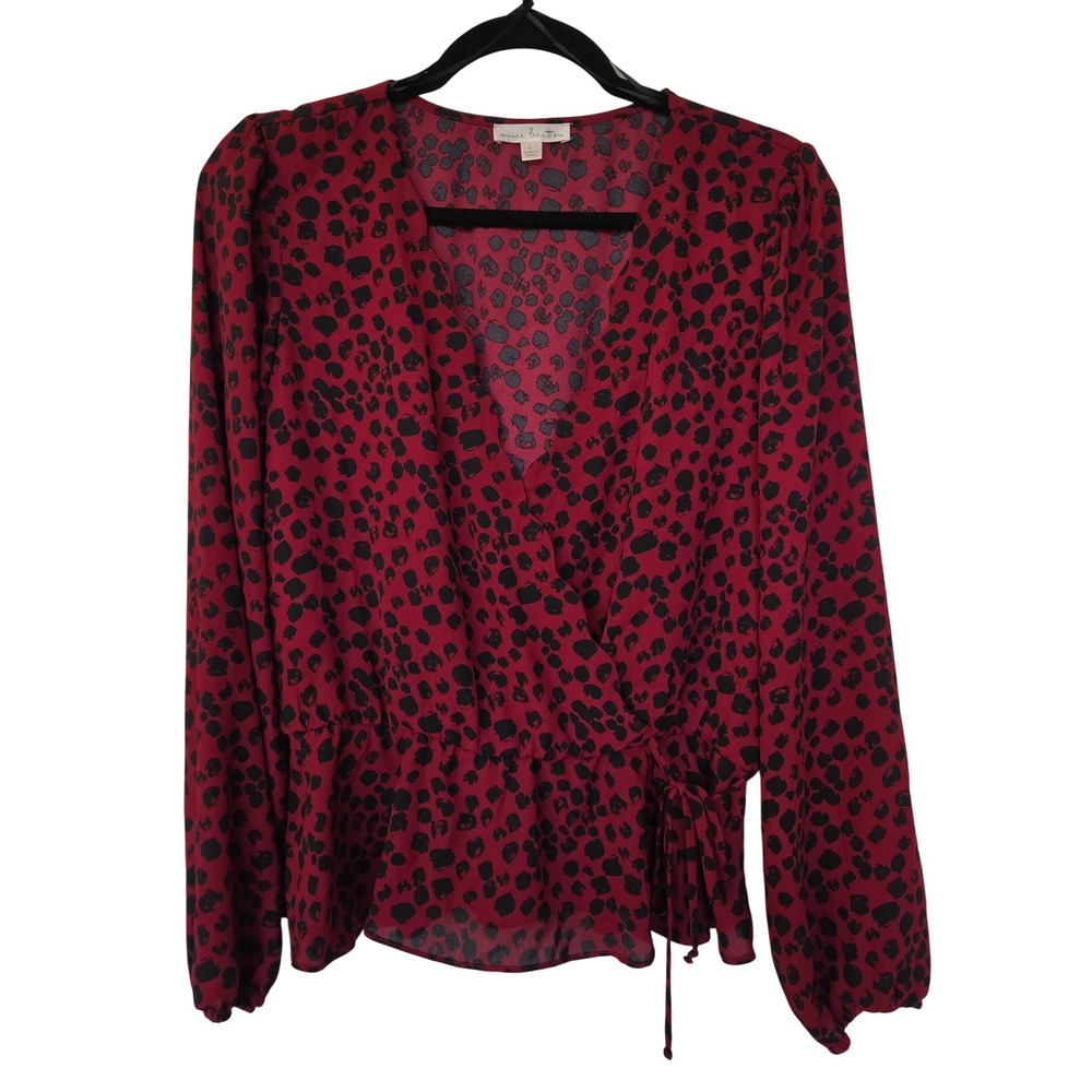 Pink Leopard Print Faux Wrap Peplum Blouse L Office Siren Business Casual Boho